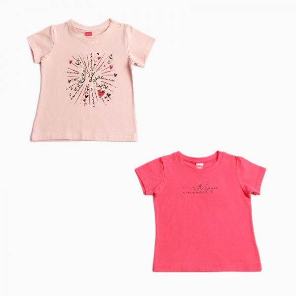 Σετ 2 μπλούζες κοντομάνικες με στάμπα, ροζ - κοραλί